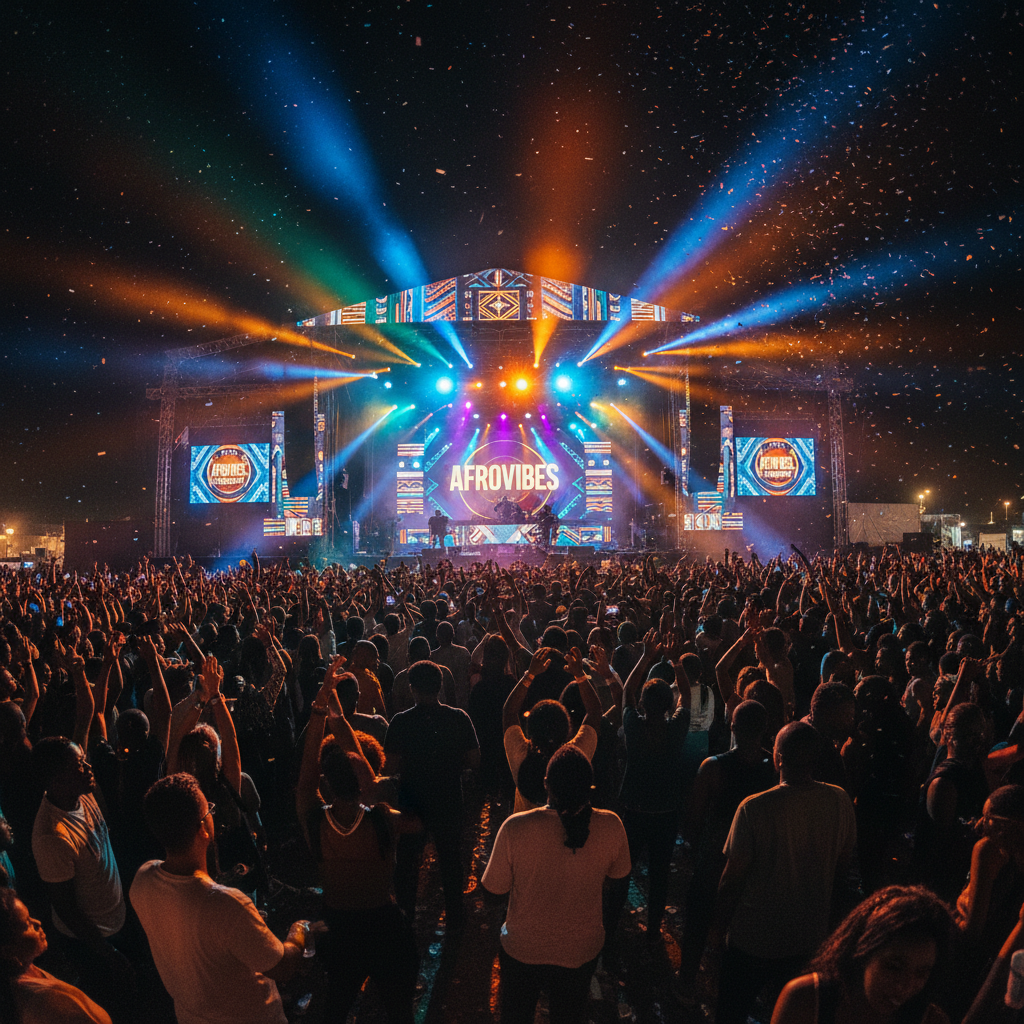 Concert stage with colorful lights and large crowd at a music festival