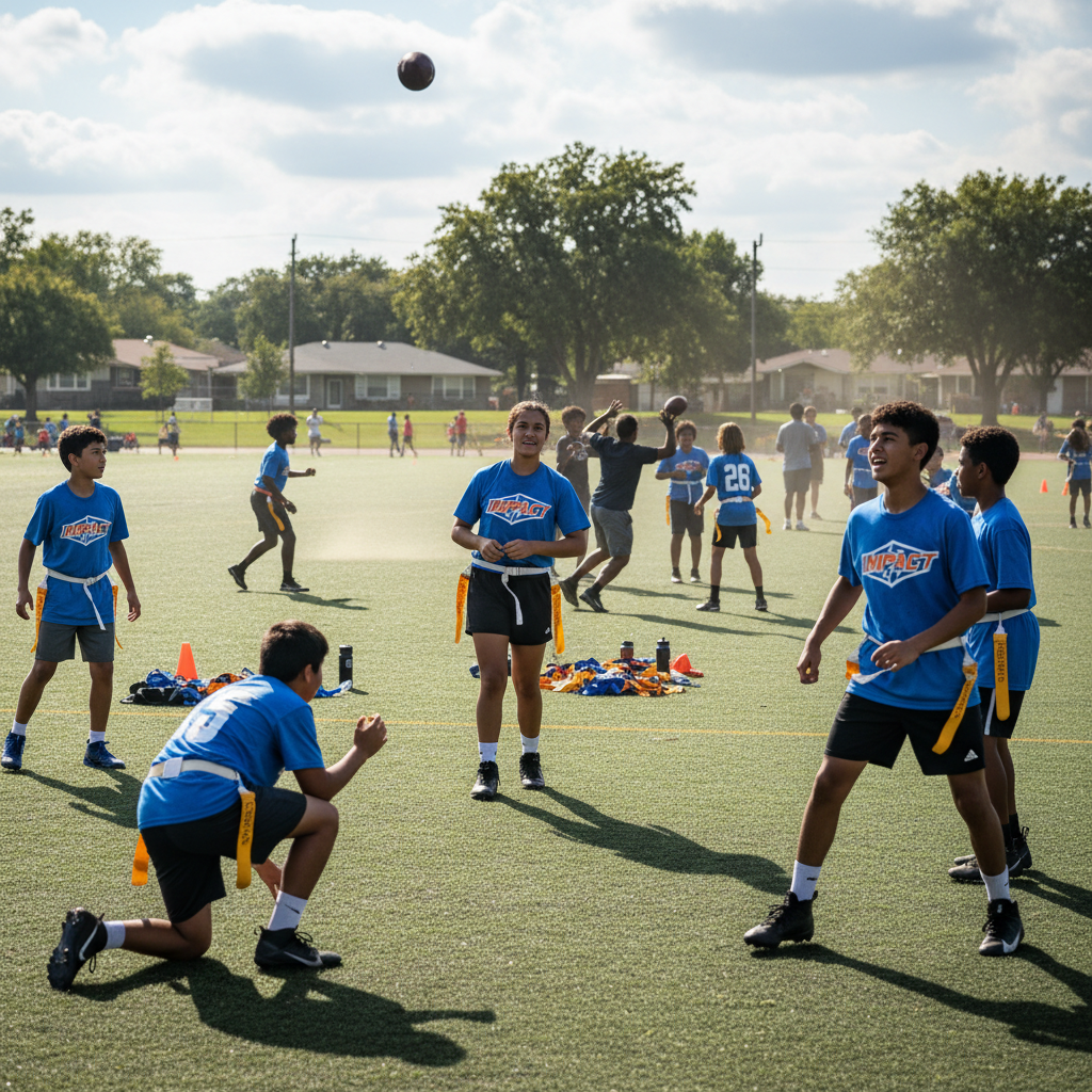 Young athletes running flag football plays on a sunny grass field, motion blur, dark green turf