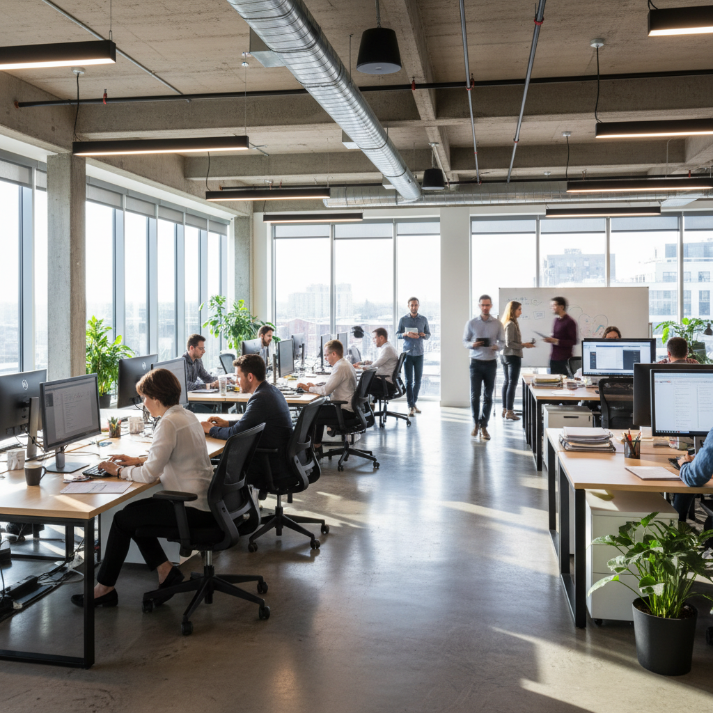 Modern open-plan BPO office with rows of computers and professionals working in bright space