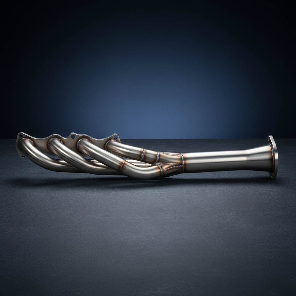Long-tube exhaust headers in stainless steel photographed against dark background