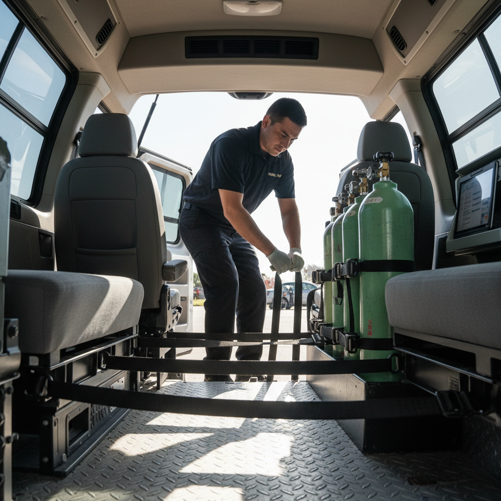 Driver carefully securing oxygen tank equipment in vehicle using safety straps