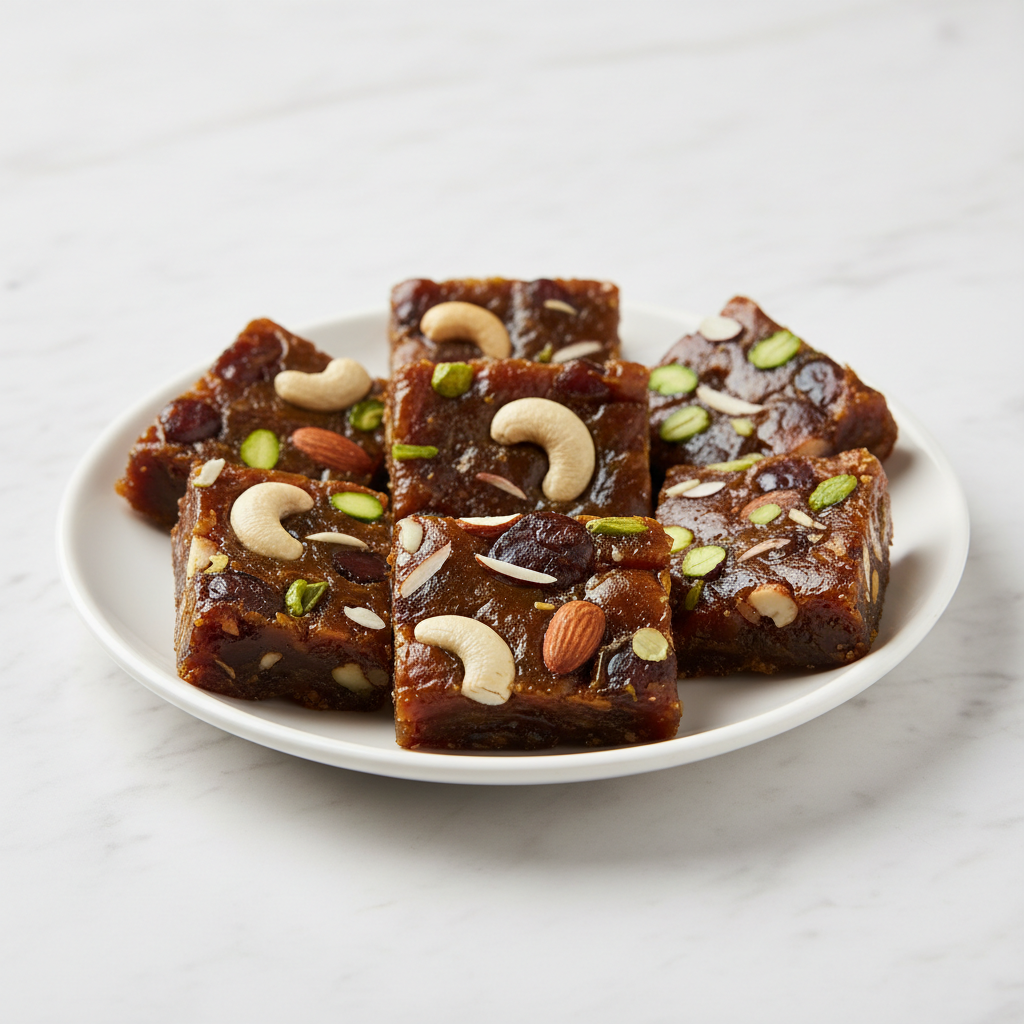 Rich dark brown Khajur Pak date sweet with almond and cashew garnish on wooden board