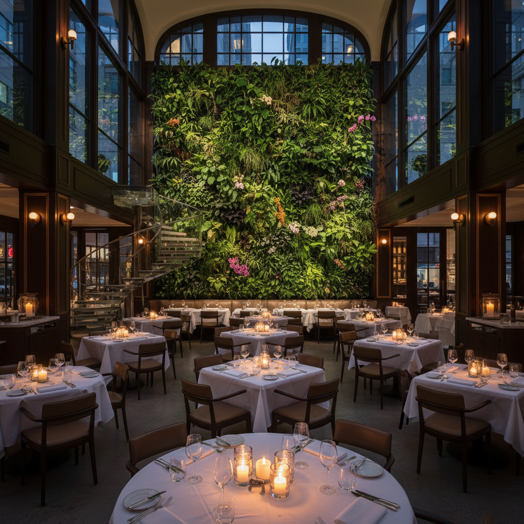 Elegant Michelin-starred restaurant interior, white tablecloths, dark wood paneling, candlelit, deep shadows