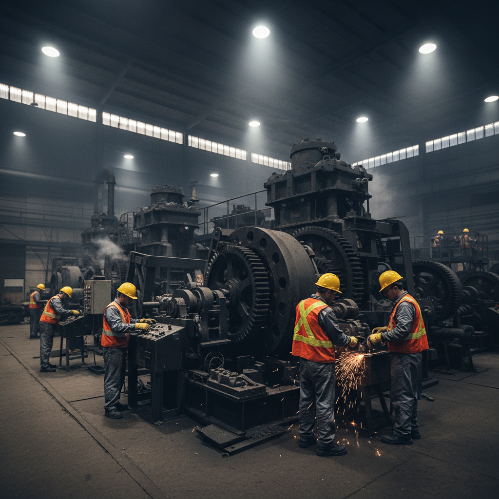 Construction and industrial site workers in hard hats, dark steel structures, atmospheric industrial lighting, deep shadows, moody heavy machinery environment