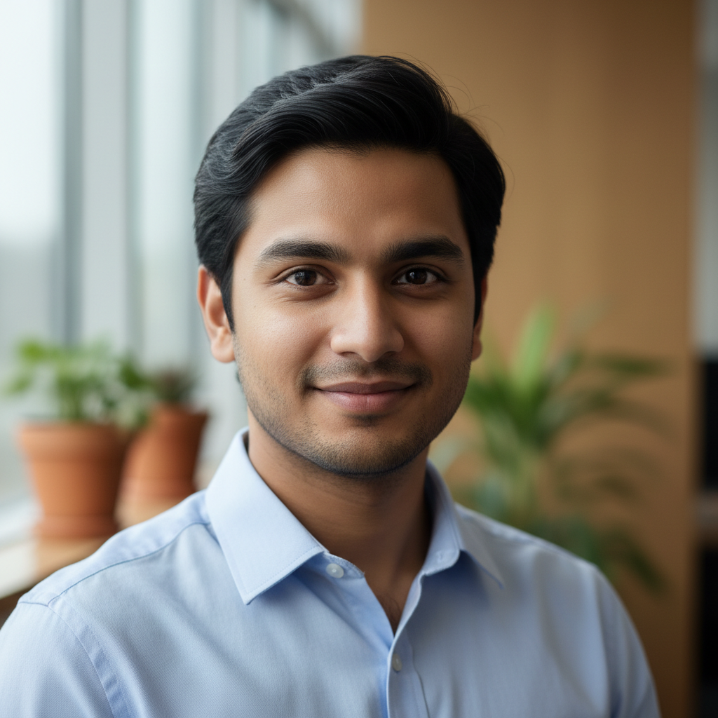 Professional portrait of Arjun Mehta, young Indian male creative professional with friendly expression