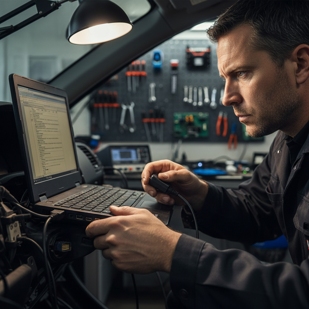 Technician connecting laptop to OBD port for ECU tuning session