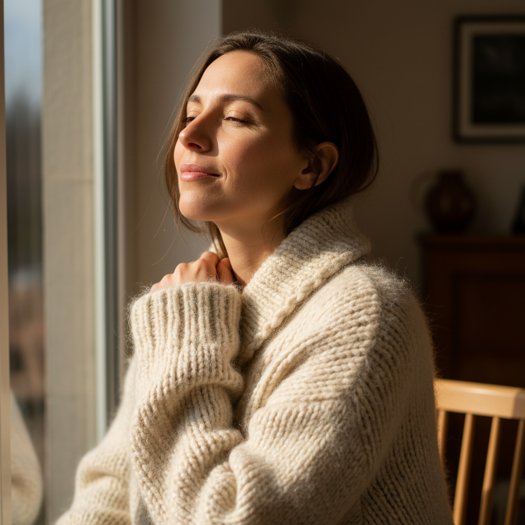 Close-up of a woman wearing a natural wool jacket with visible texture, standing near a window with soft light