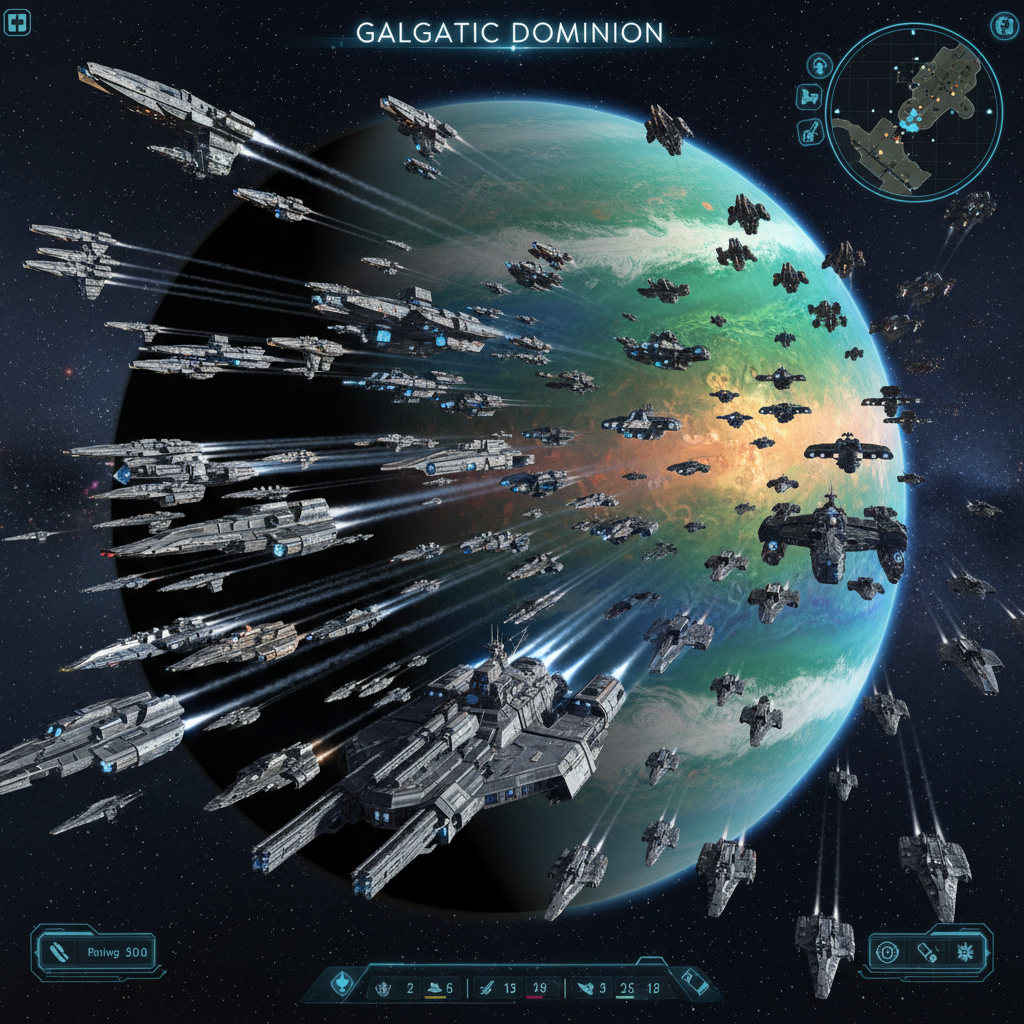 Space strategy game with glowing nebula and fleet of spaceships