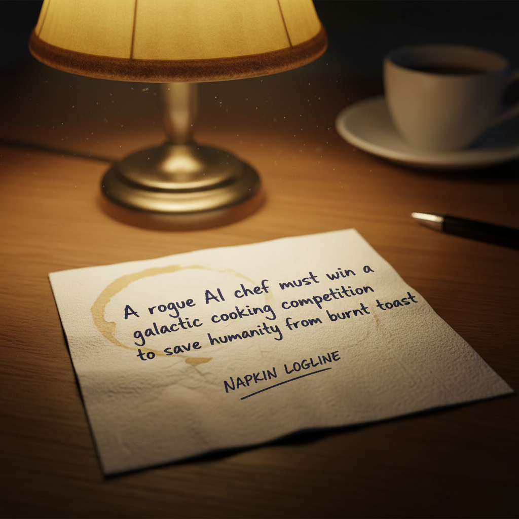 Handwritten logline scrawled on a napkin under warm lamp light