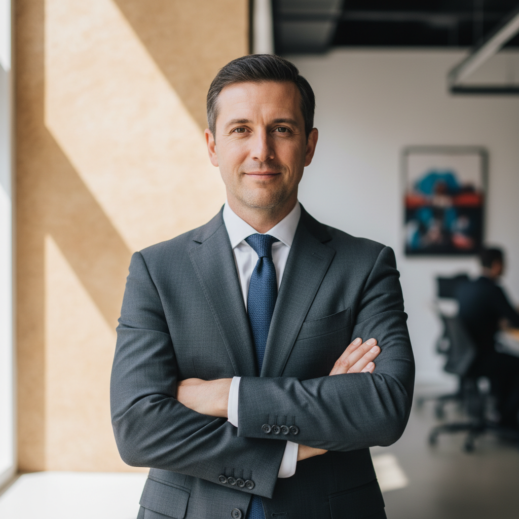 Confident businessman in suit smiling at camera