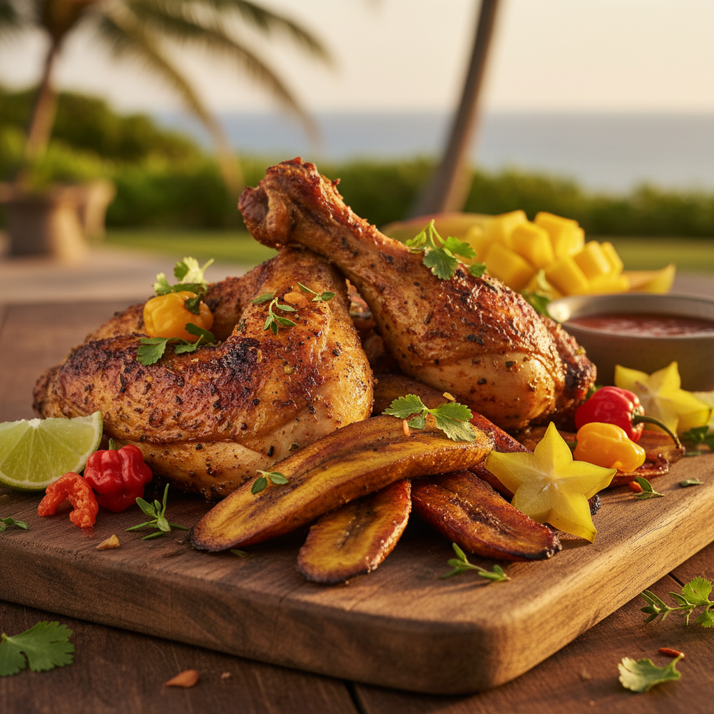 Jerk chicken on a grill with tropical garnishes, deep charred color, bright green herbs, island atmosphere