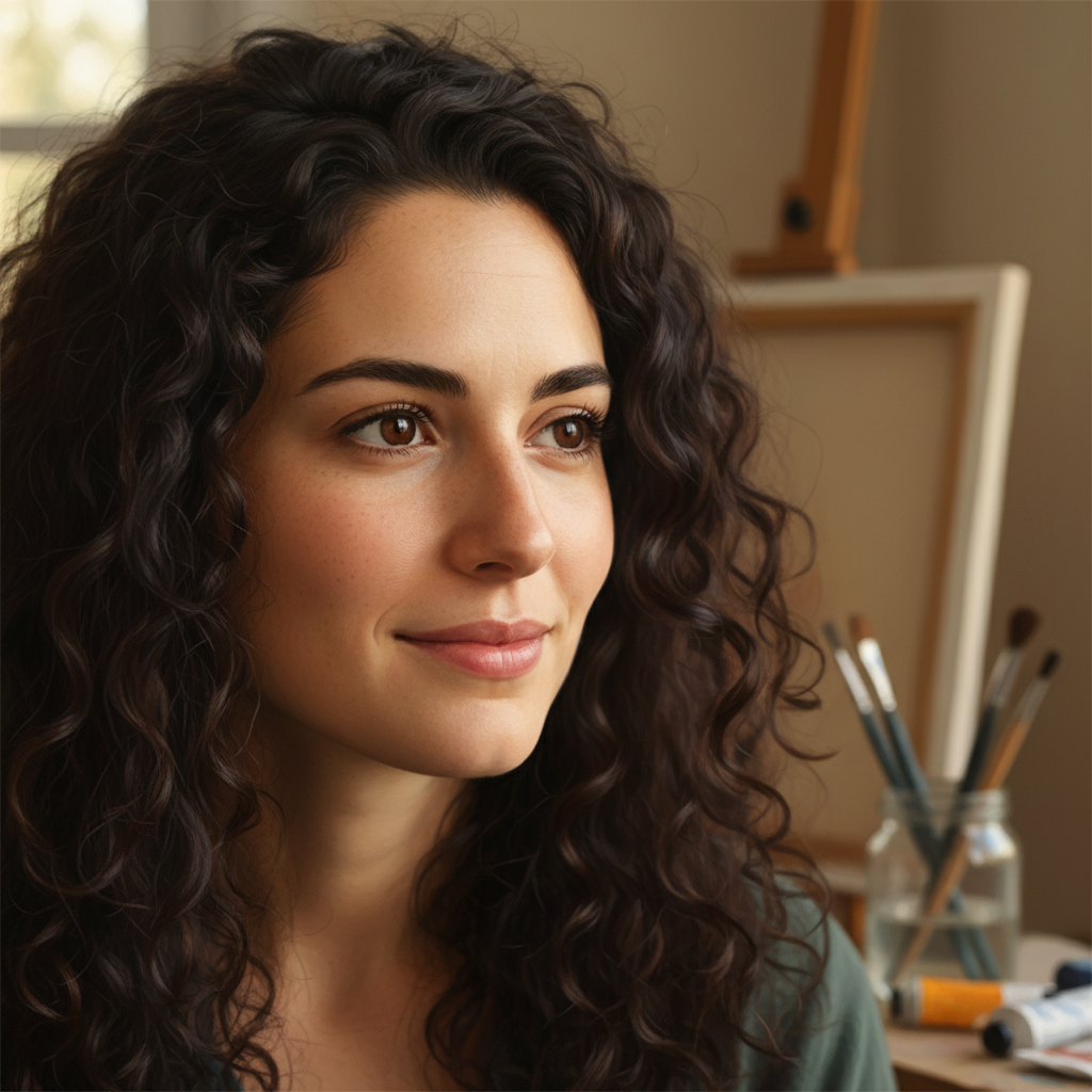 Portrait d'Élise Moreau, artiste peintre aux cheveux foncés avec un regard créatif