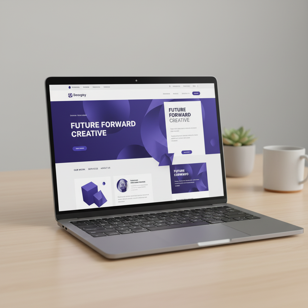 Premium website design mockup on laptop, modern agency portfolio with dark theme and elegant typography