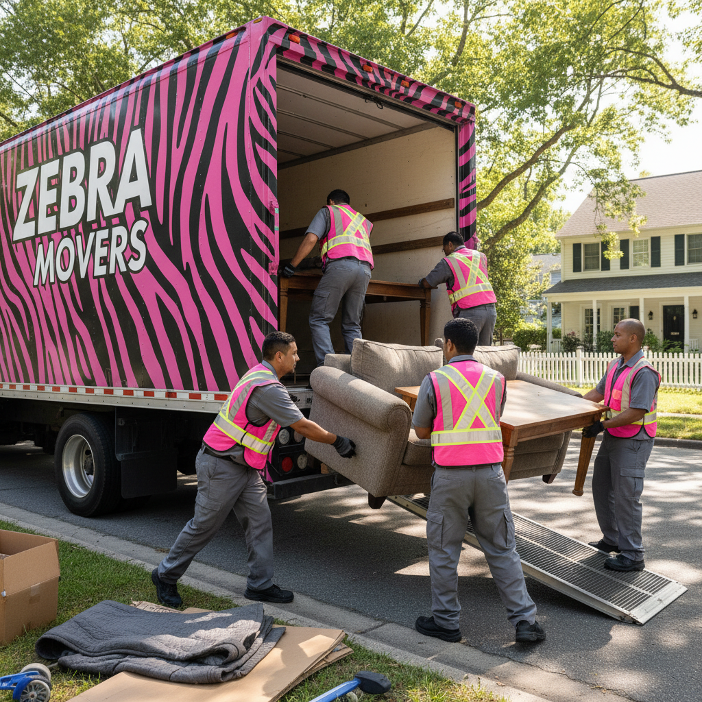 Professional movers team loading furniture into branded Almanara moving truck