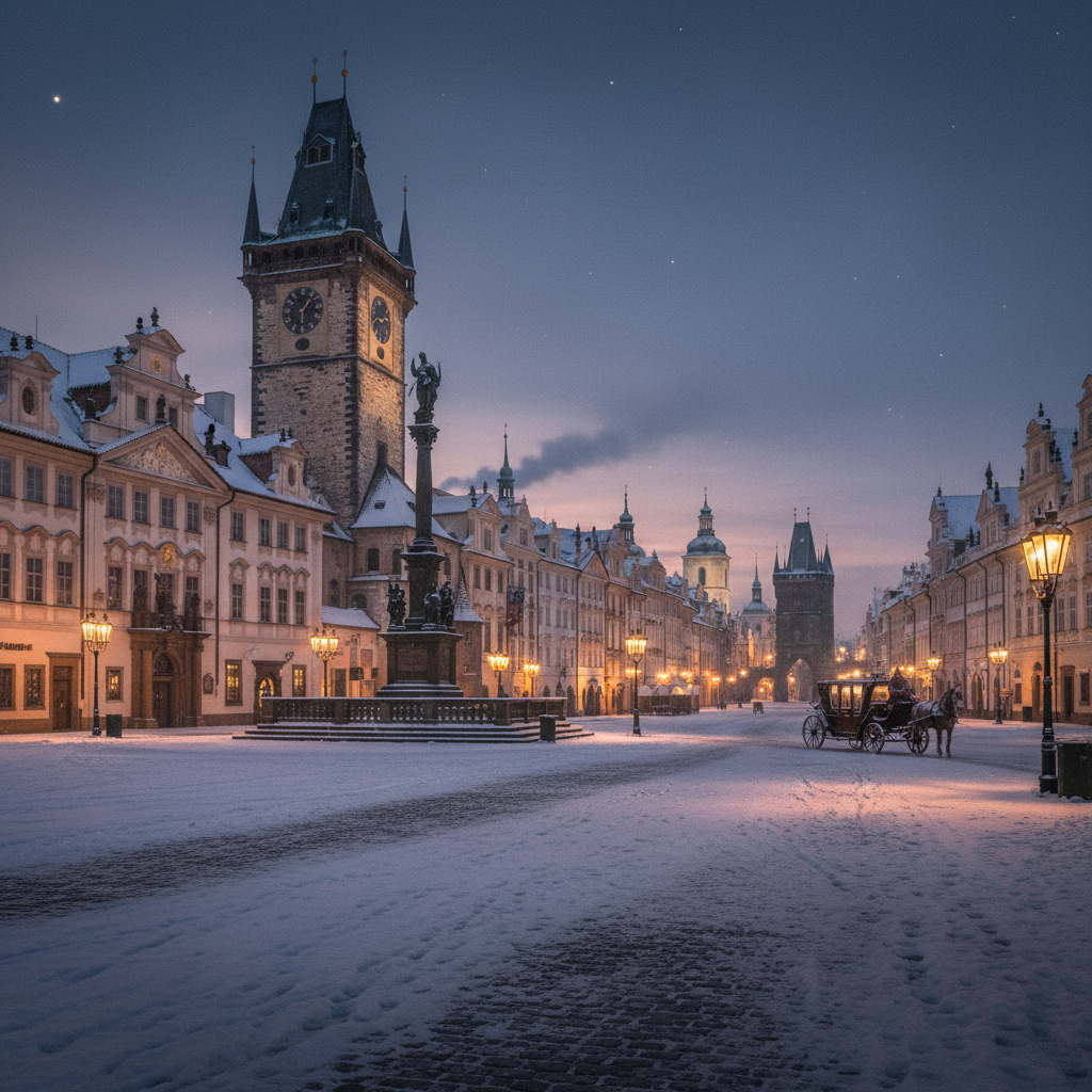 Prague Old Town winter evening with snow-dusted cobblestones, warm amber street lamps, and historic architecture