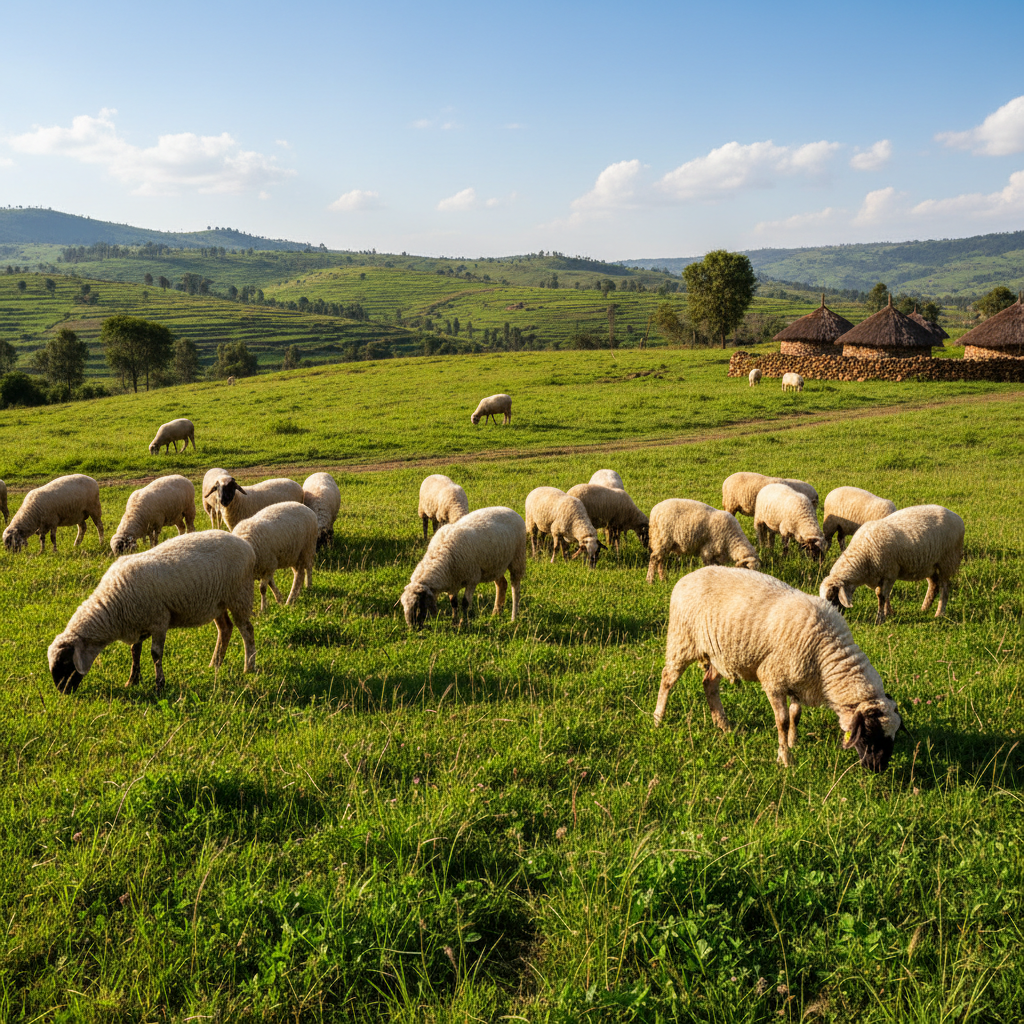 Ethiopian highland sheep grazing in green mountain pasture, healthy white woolly livestock