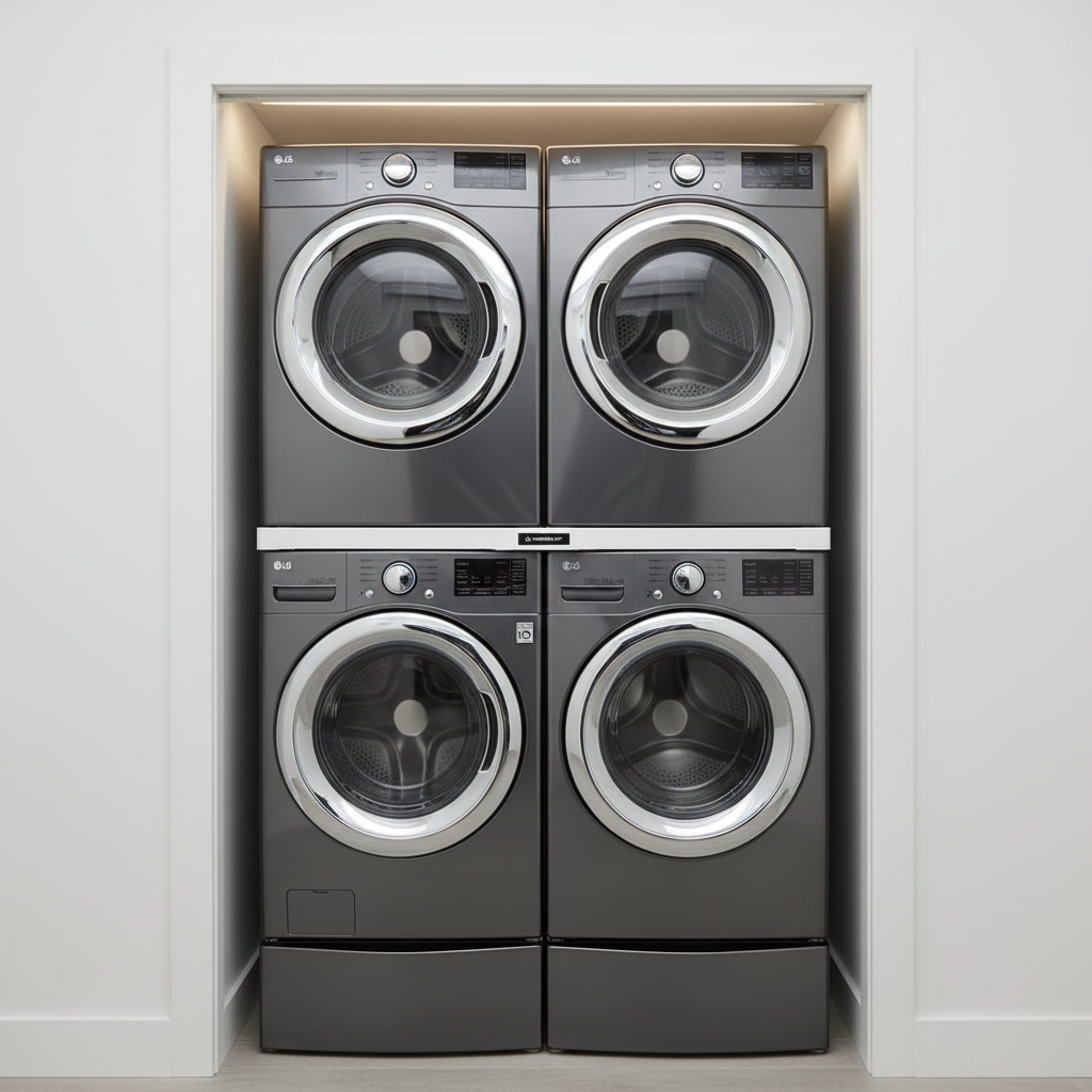 LG washer and dryer stacked in laundry closet with stacking kit, perfectly level and flush