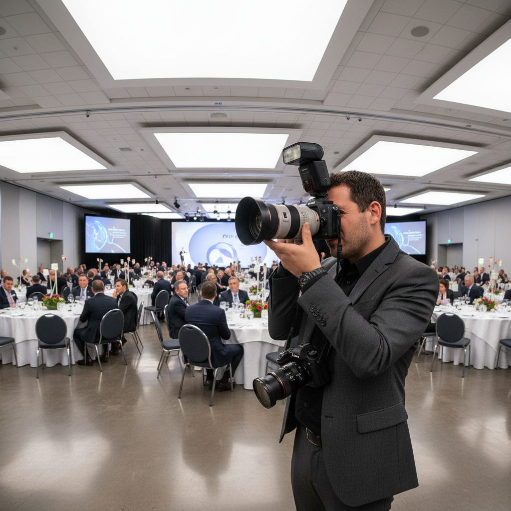 Corporate photographer with camera in a modern office setting, professional lighting equipment visible, clean corporate environment