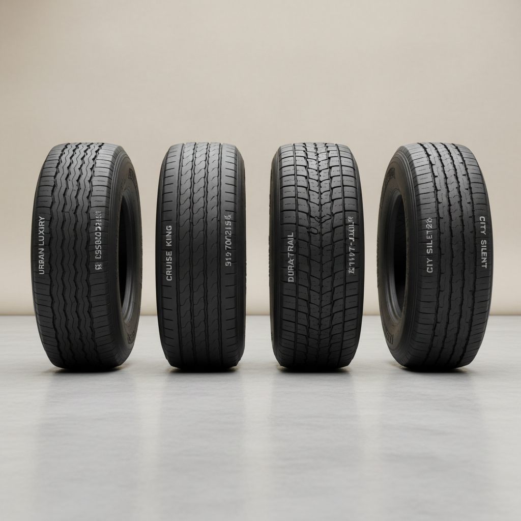 Premium bus tires displayed showing different sizes and quality grades for transit operations