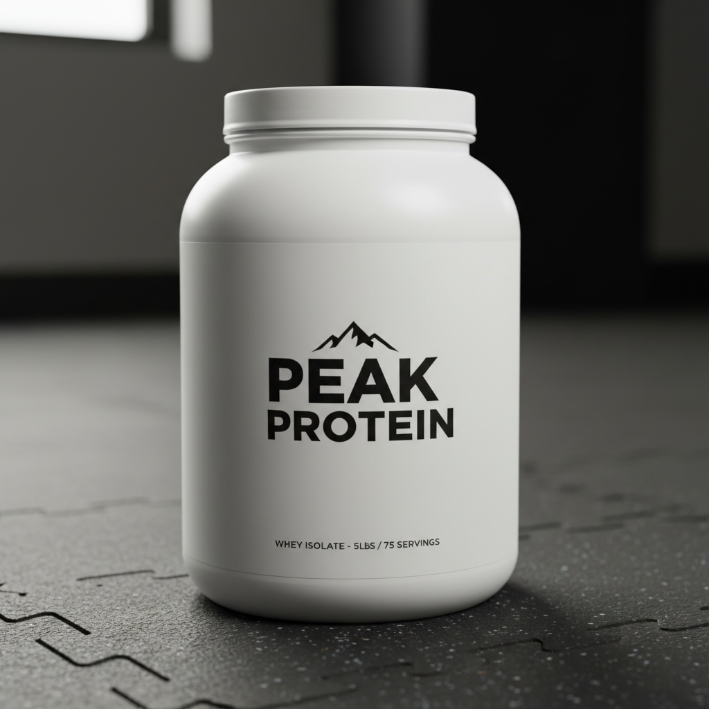 High-performance protein powder supplement containers on dark gym surface with dramatic lighting