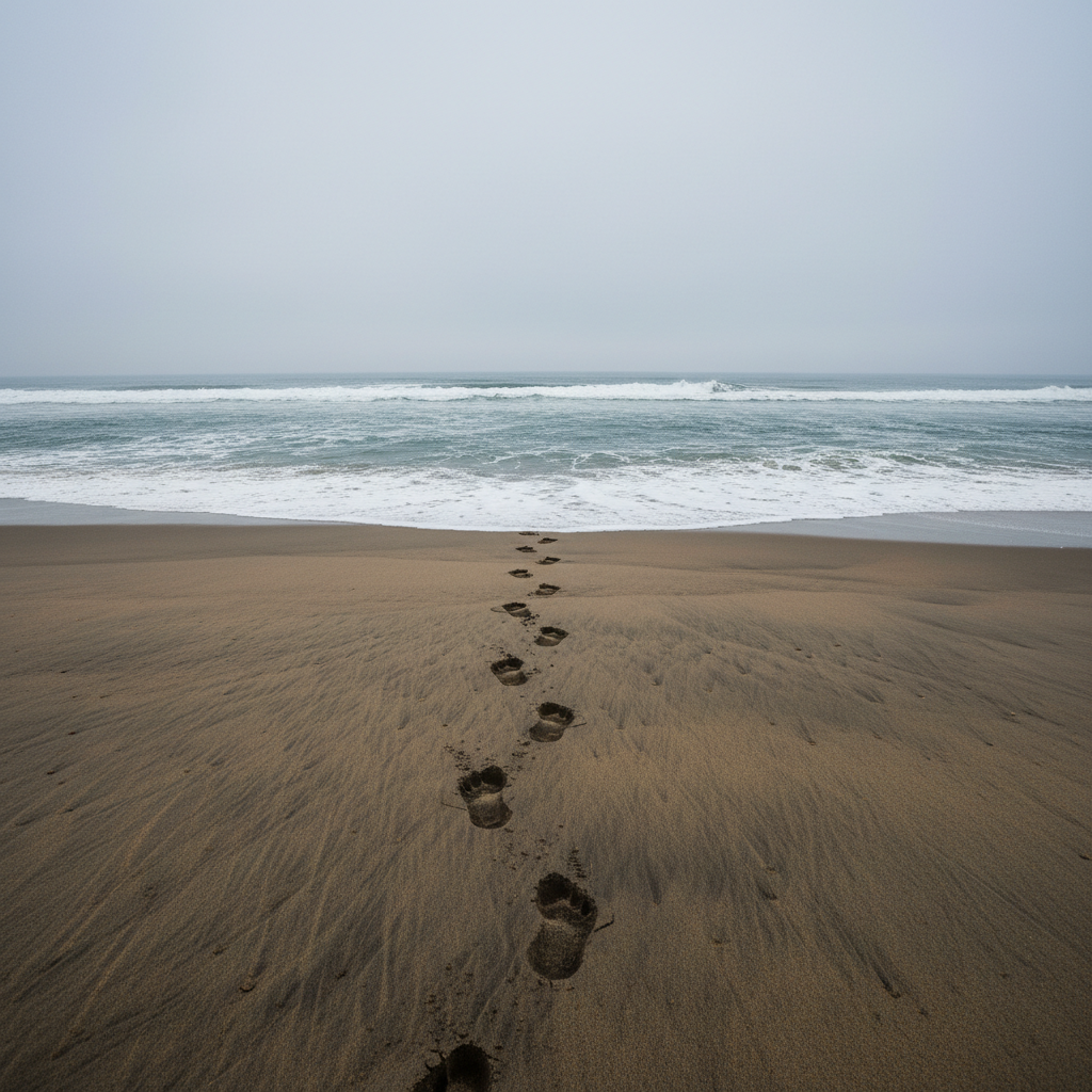 Bootprints in wet sand on a deserted Scottish beach with Atlantic waves approaching
