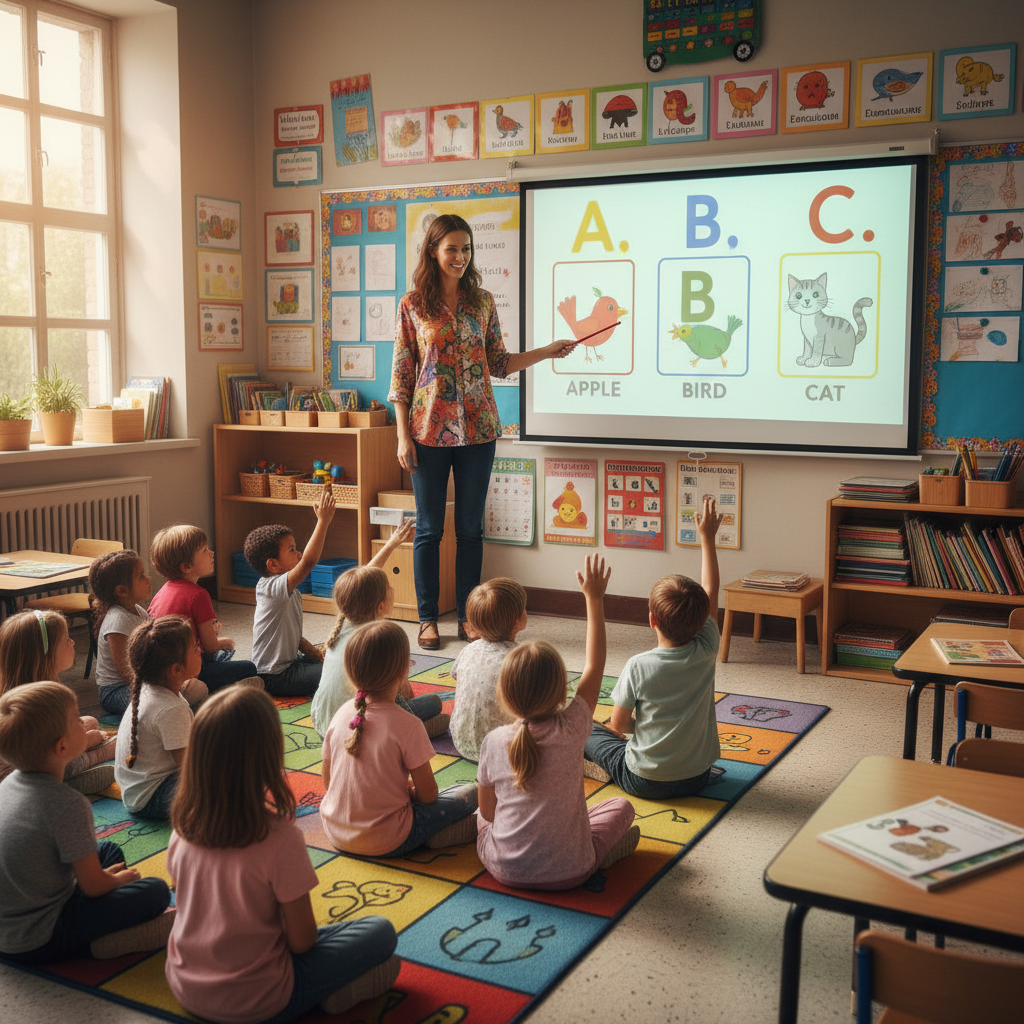Teacher pointing at colorful learning materials on a board, instructional design classroom setting