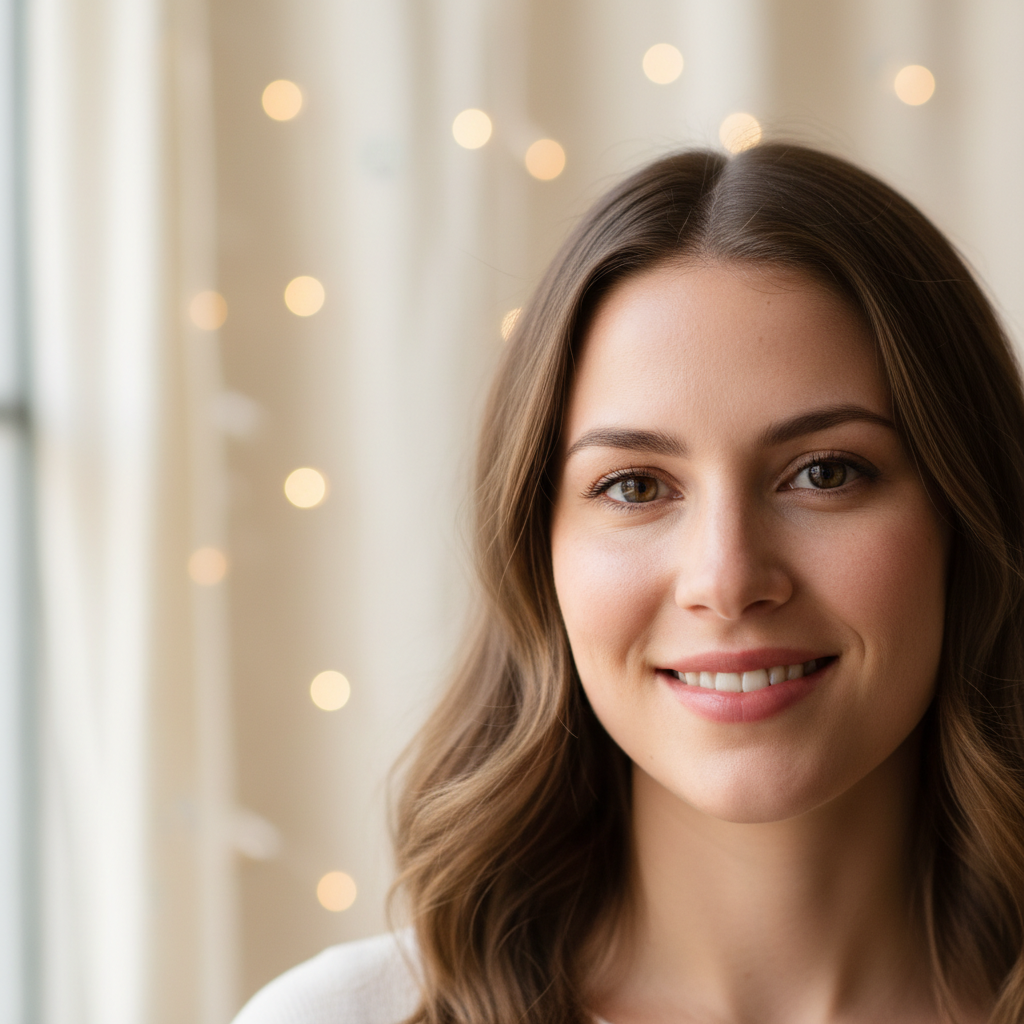 Professional studio portrait of woman with natural lighting, clean white background, soft shadows