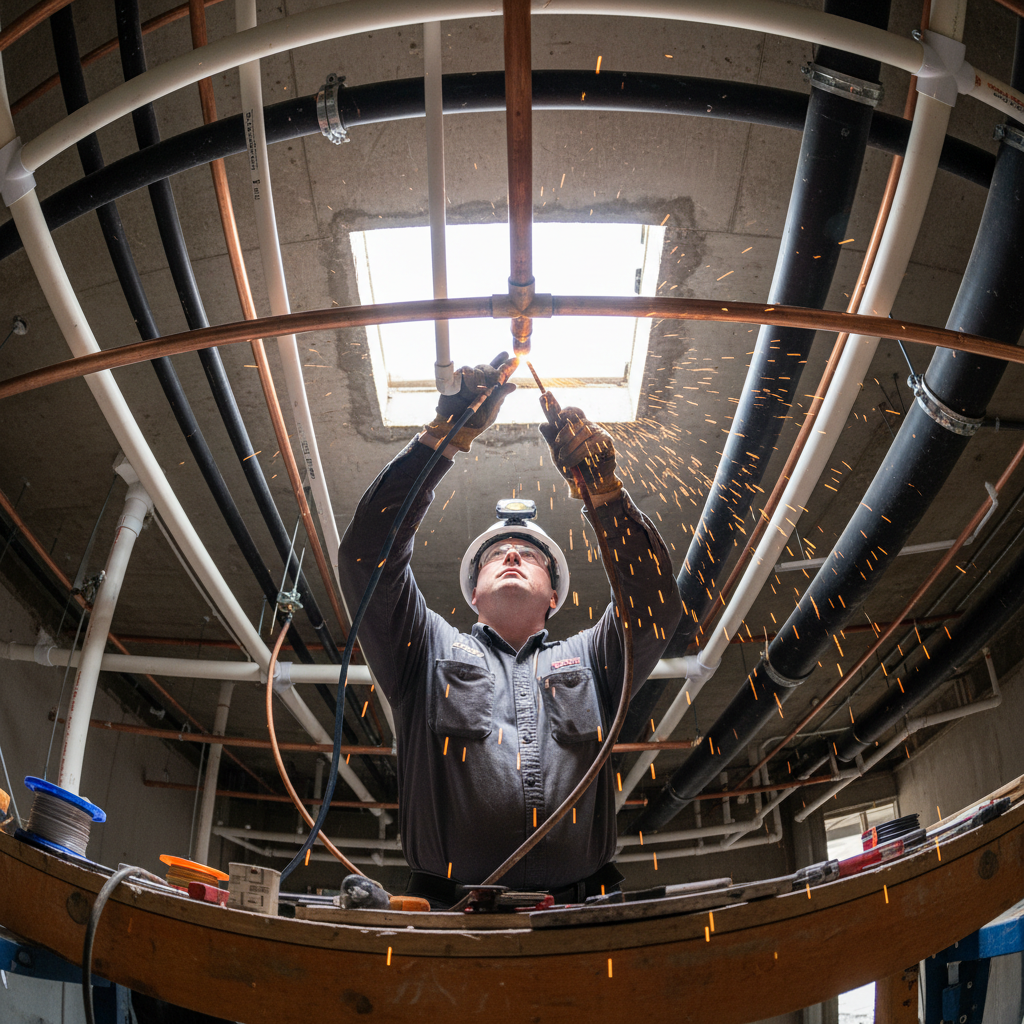 Technician inspecting fire suppression pipe connections in ceiling, flashlight illuminating dark industrial space