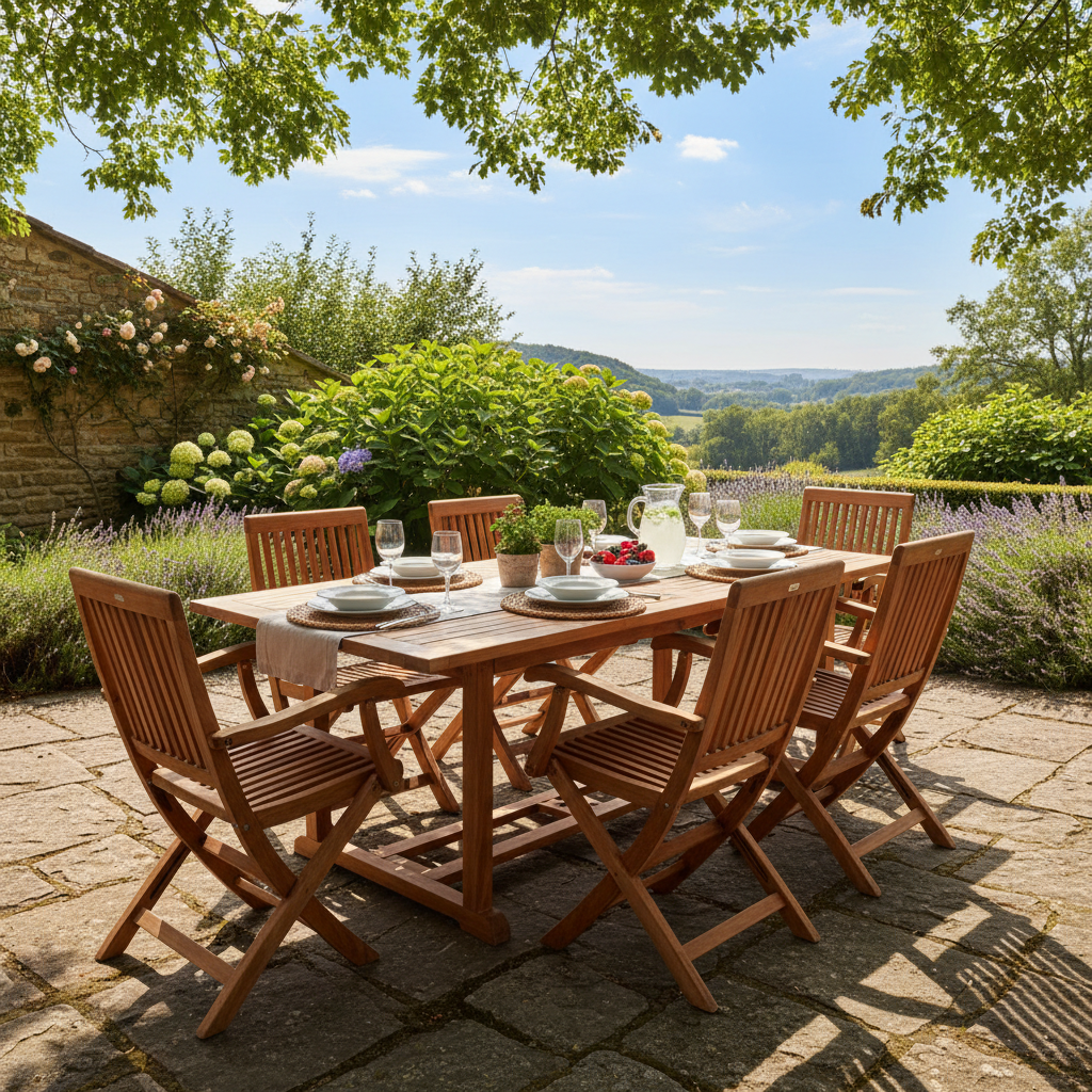 Outdoor teak dining table with six chairs on a stone terrace, laid for a summer dinner
