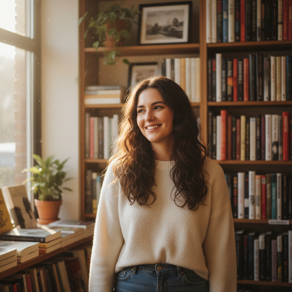 Maya Chen, co-owner of Shelf bookstore, smiling woman with dark hair