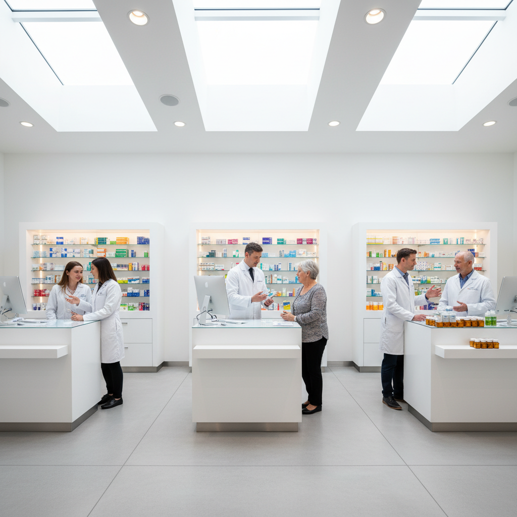 Pharmacist in white coat consulting with patient at pharmacy counter in warm lit store