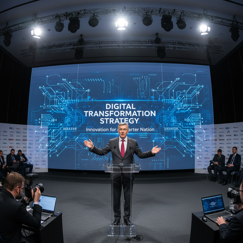 Professional business coach in navy suit presenting strategy on digital screen in modern office