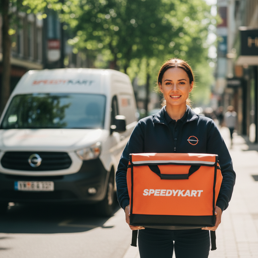 Woman driver holding a delivery bag, looking directly at the camera with a confident expression, parked delivery car behind her