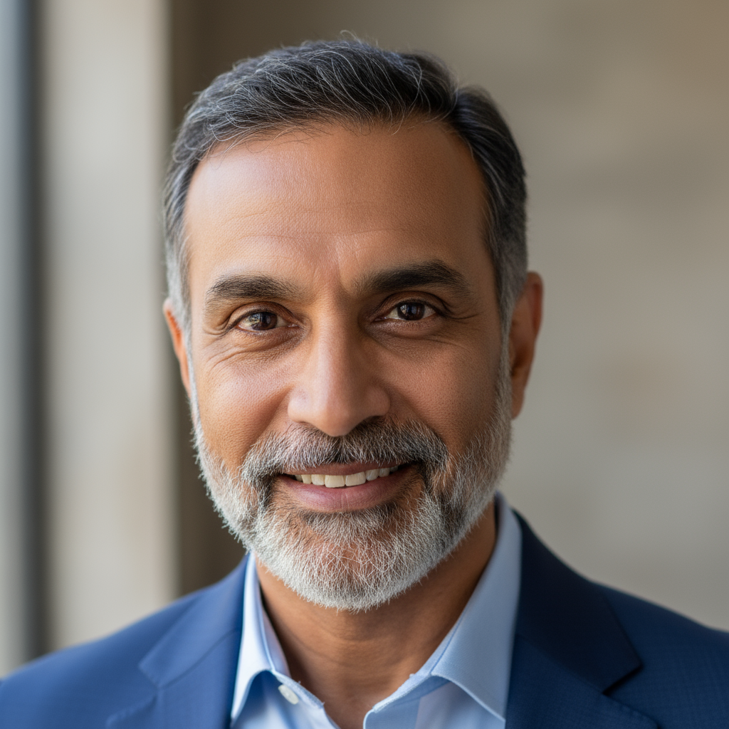 Professional headshot of a confident middle-aged South Asian man in business casual attire, warm natural lighting