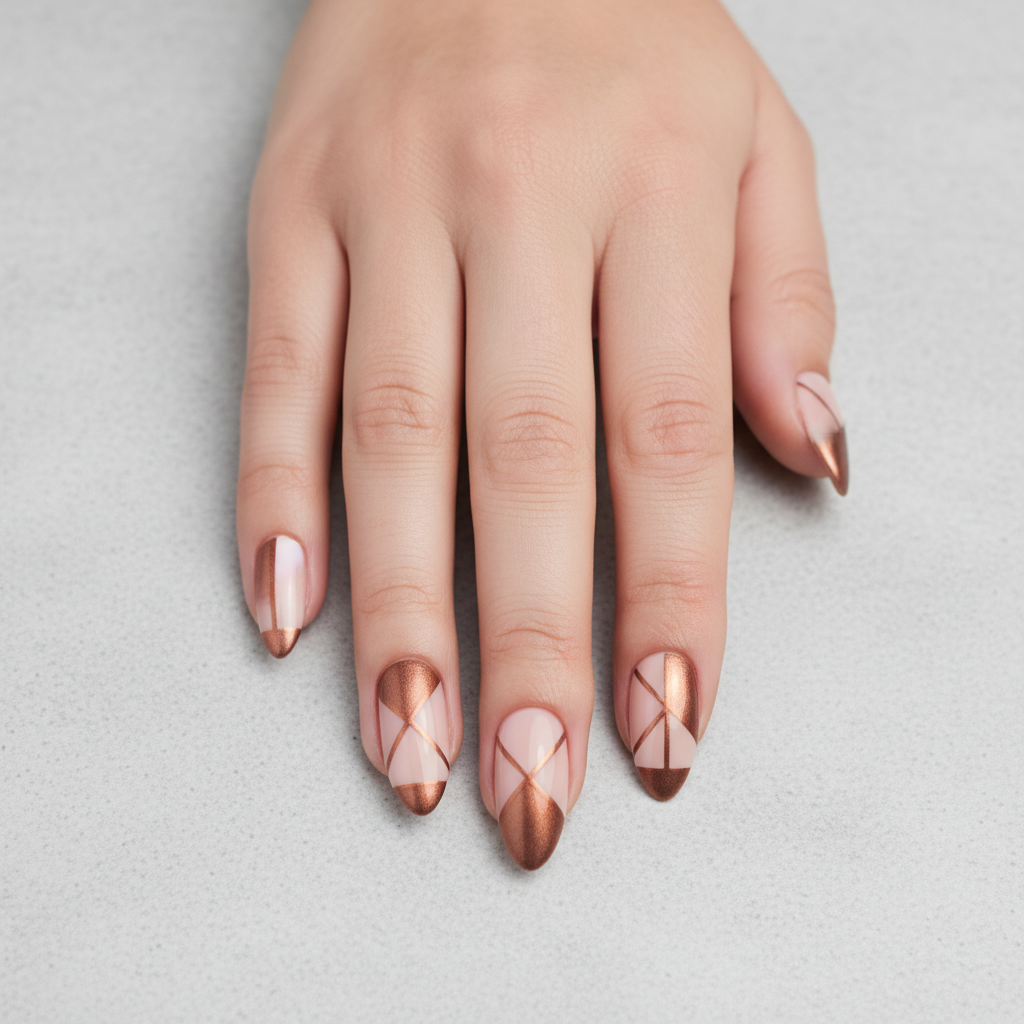 Bold geometric nail art with gold foil triangles on deep navy background