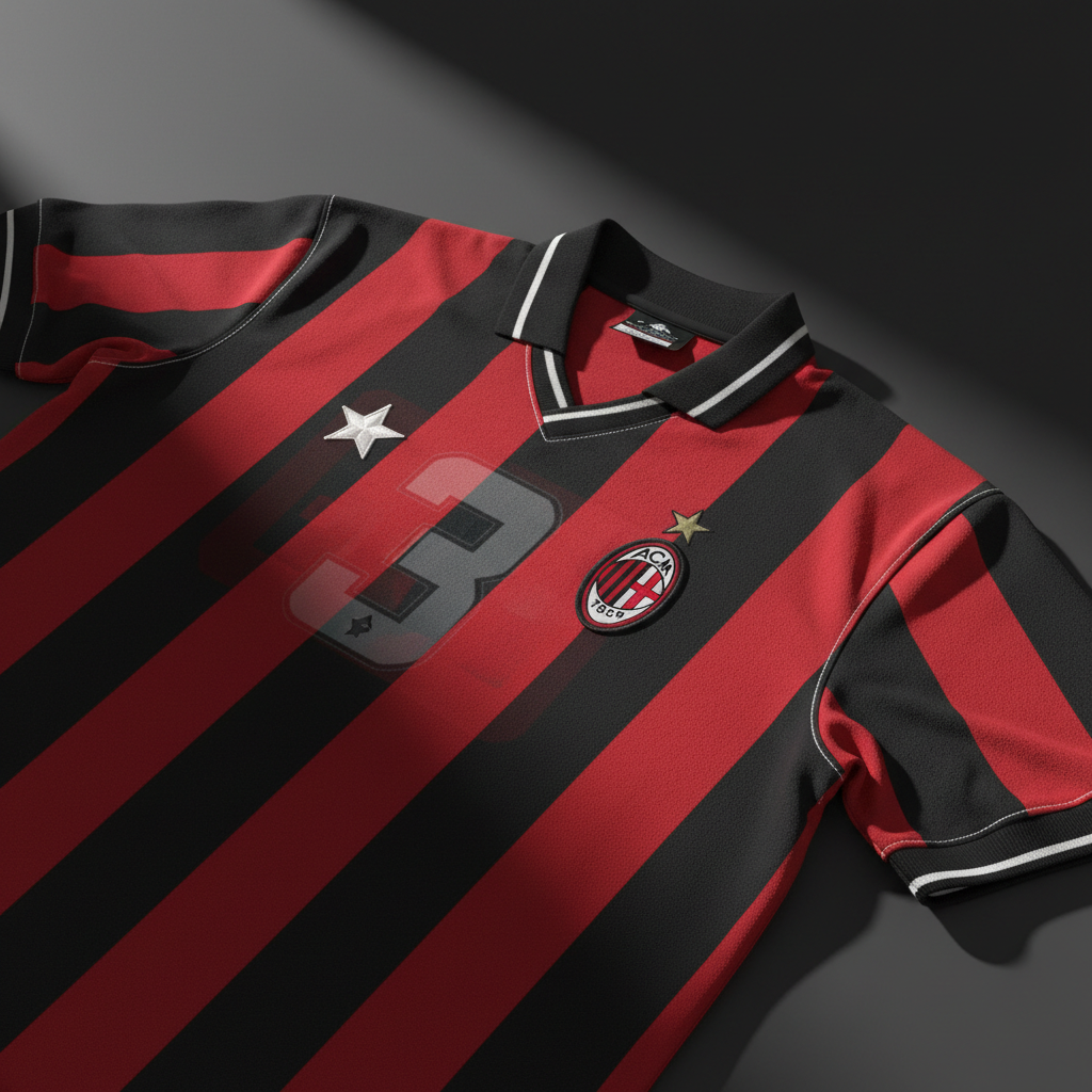 Red and black striped AC Milan football jersey product photo, Serie A home kit, sportswear on dark background