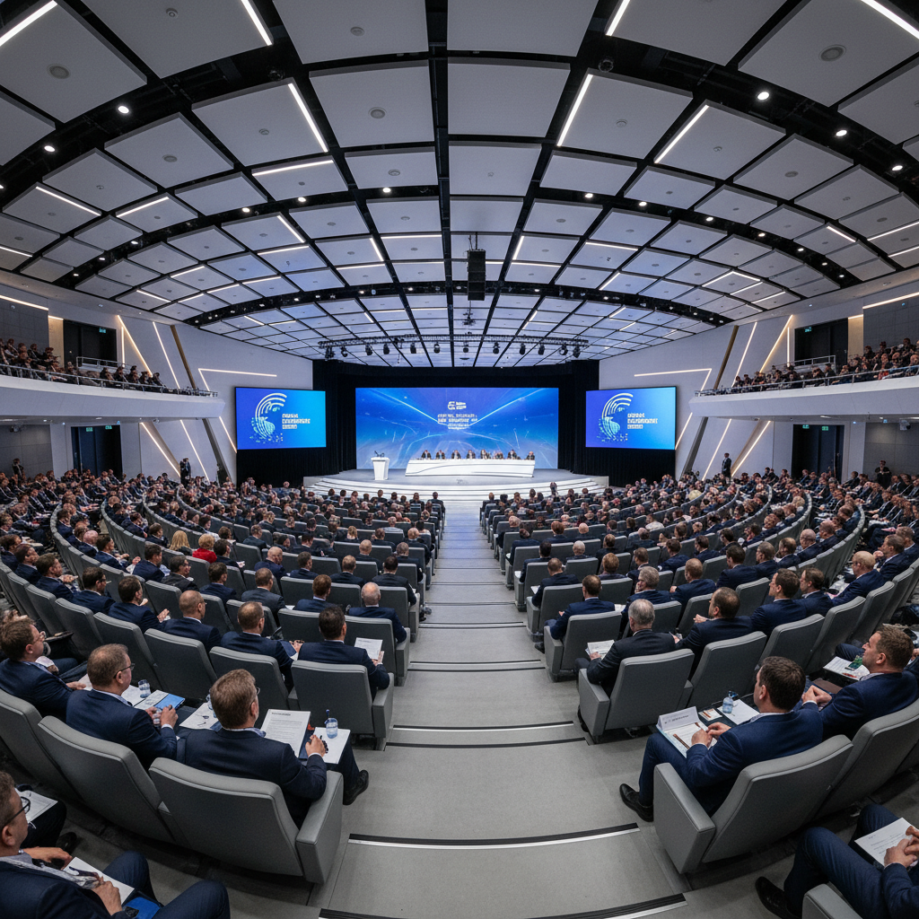 Foro internacional de alto nivel con delegados en auditorio moderno con iluminación profesional