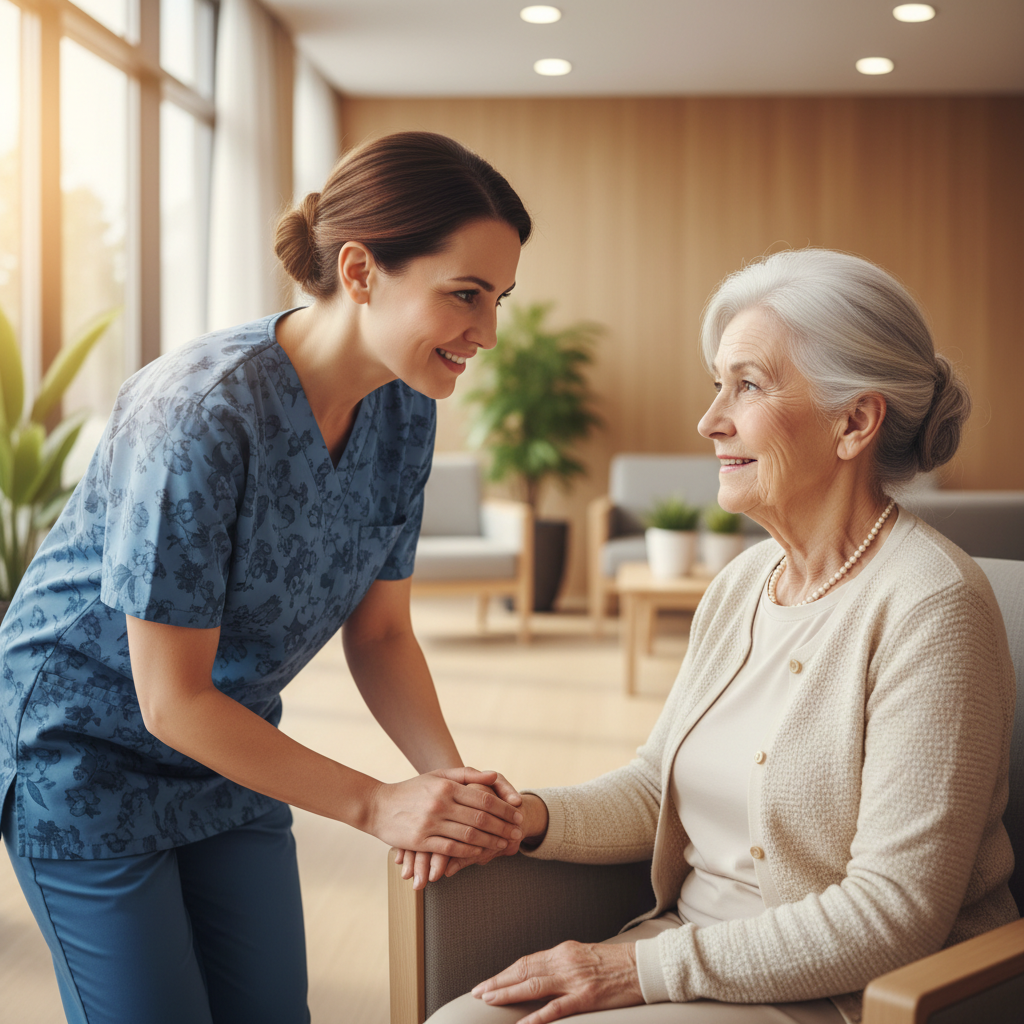 Caregiver holding hands with smiling elderly person in warm home