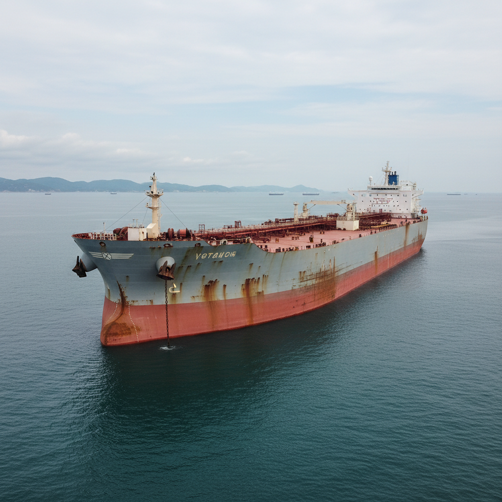 CS Aegean VLCC crude tanker at anchor in calm Aegean Sea waters, industrial maritime