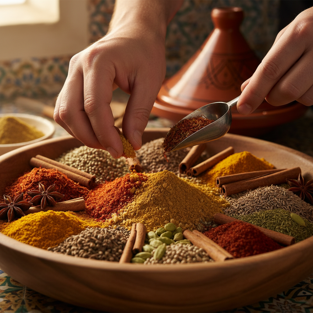 Chef plating a Moroccan dish with fresh herbs and saffron broth