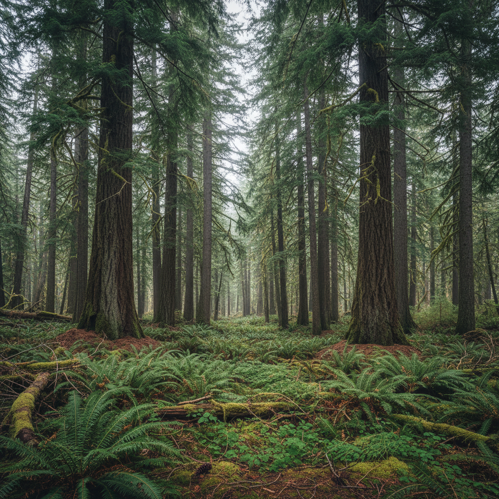 Empty forested land in the Pacific Northwest before Sanctuary was built, tall Douglas firs and fern undergrowth