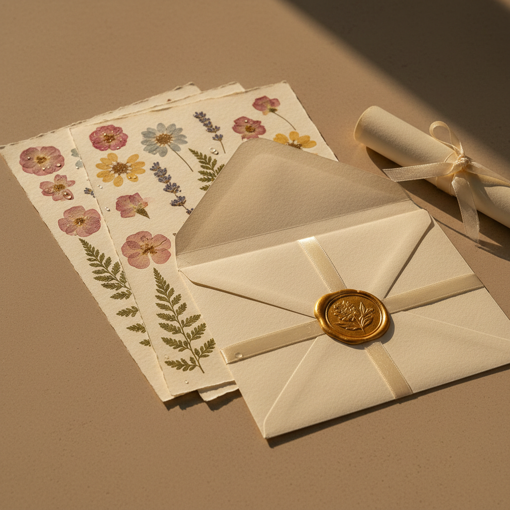 Ivory stationery set with pressed dried flowers on parchment and gold wax seal
