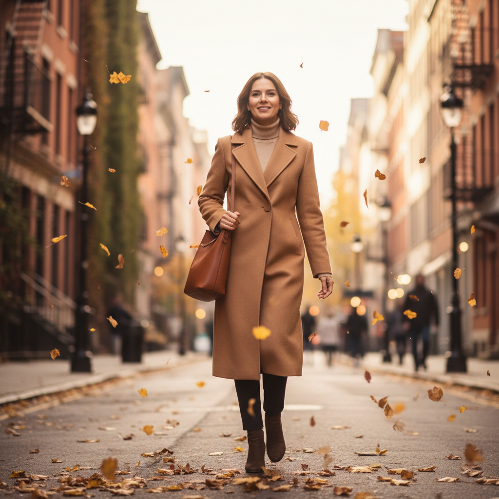 Woman in structured wool coat, clean city street, bright daylight, minimalist