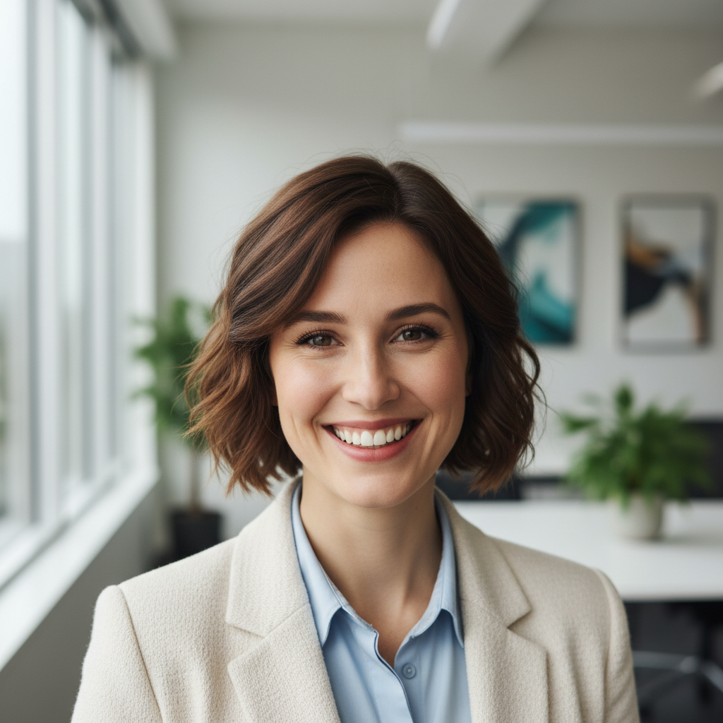 Professional headshot of Sarah Mitchell, woman with short brown hair wearing navy blue blazer in modern office setting