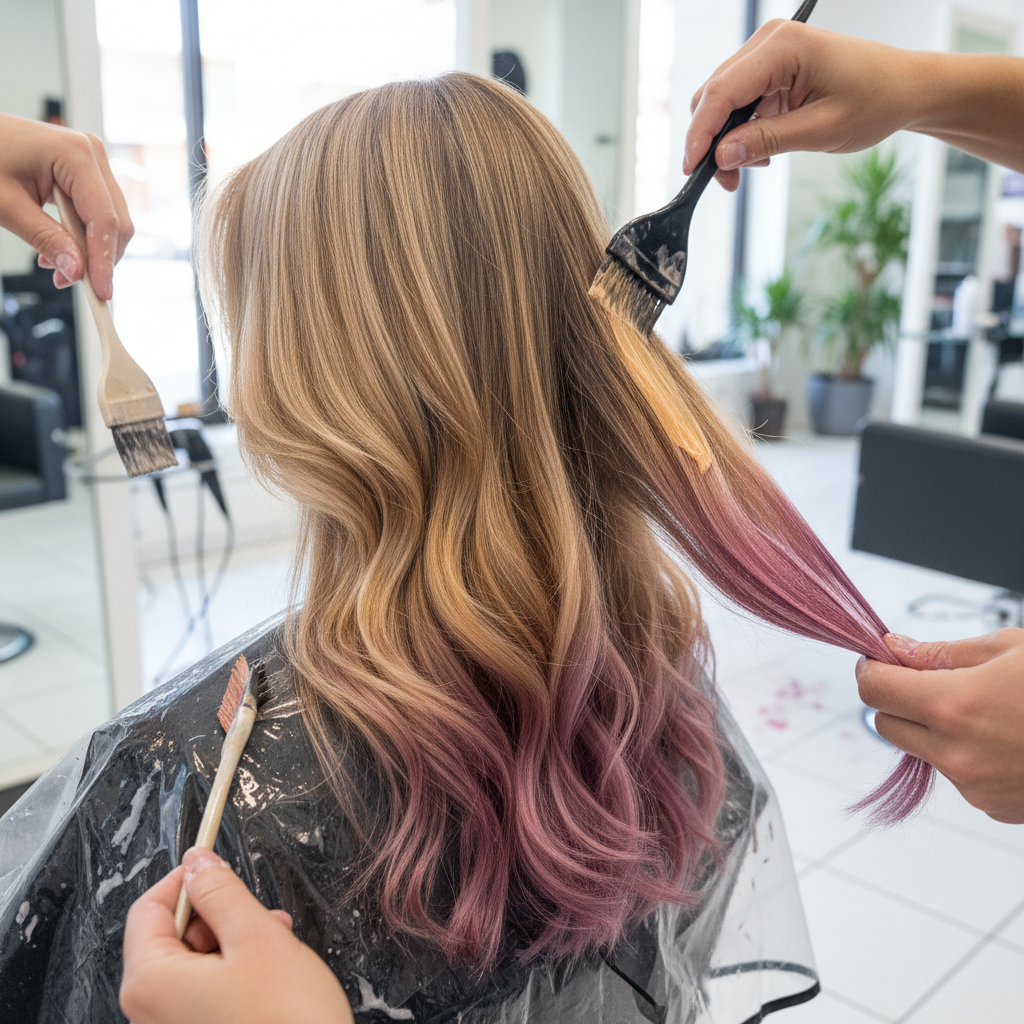 Advanced color correction showing tonal rebalancing across multiple sections of hair