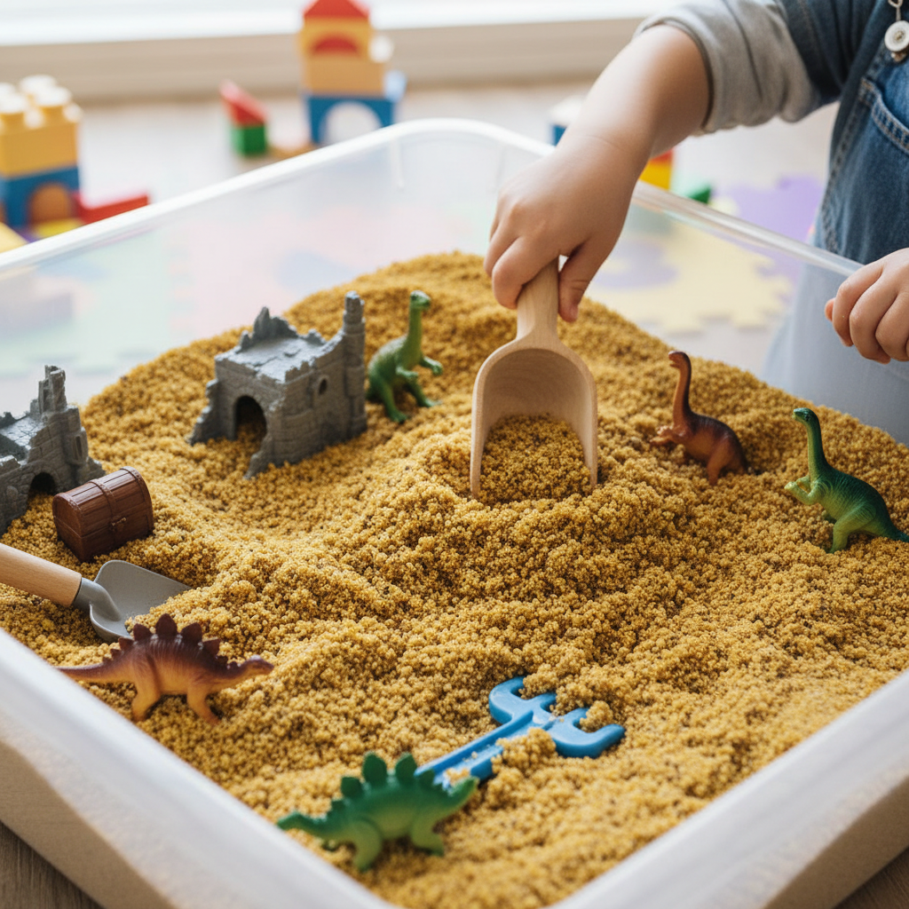 Sensory bin filled with kinetic sand, small figurines, and scooping tools