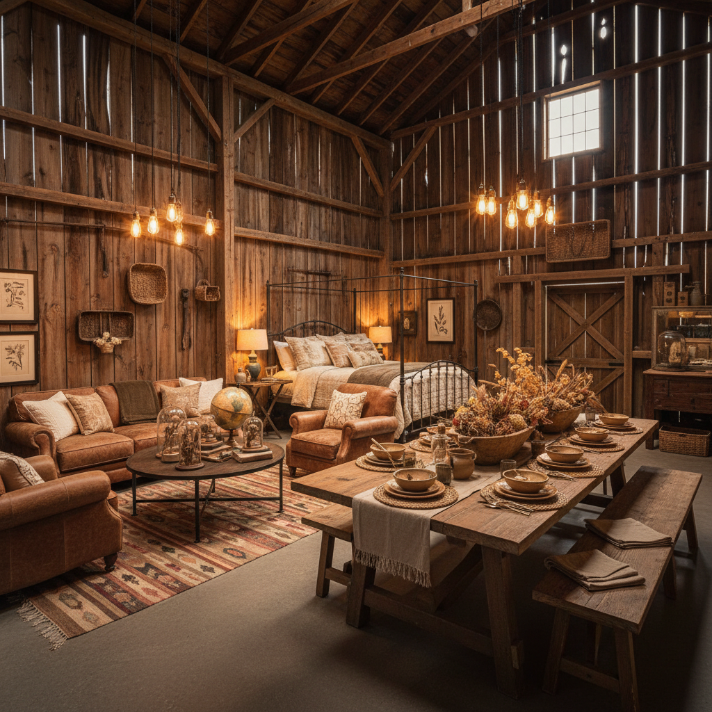 Staged ranch barn with warm Edison pendant lighting and heirloom furnishings at golden hour