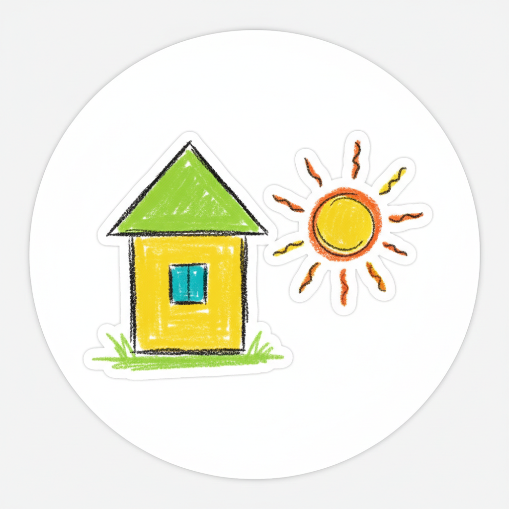 Colorful crayon drawing of a house and sun made by a 4-year-old child, bright yellows and greens
