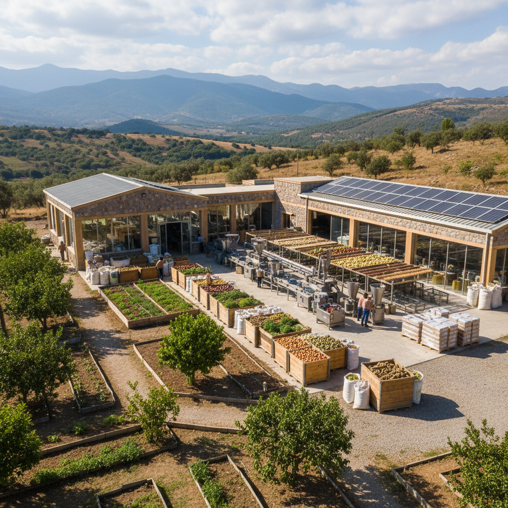 Agricultural processing facility with green fields, modern equipment, bright natural light