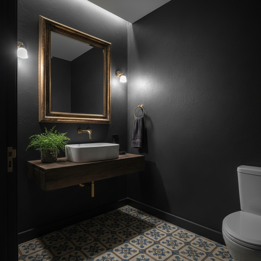 Full powder room with dramatic dark walls, vessel sink, antique mirror, and hand-painted tile floor